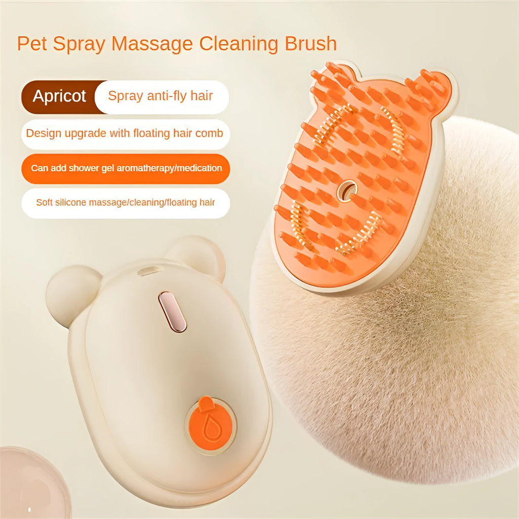 Pink rechargeable pet grooming brush with spray function and removable silicone comb for cat and dog hair removal