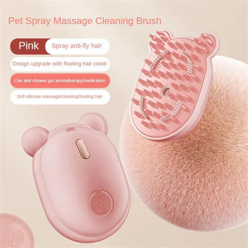 Pink rechargeable pet grooming brush with spray function and removable silicone comb for cat and dog hair removal