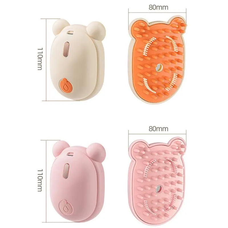 Pink rechargeable pet grooming brush with spray function and removable silicone comb for cat and dog hair removal