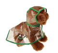 Transparent waterproof PVC dog raincoat with hood, adjustable waist and chest straps, available in multiple sizes