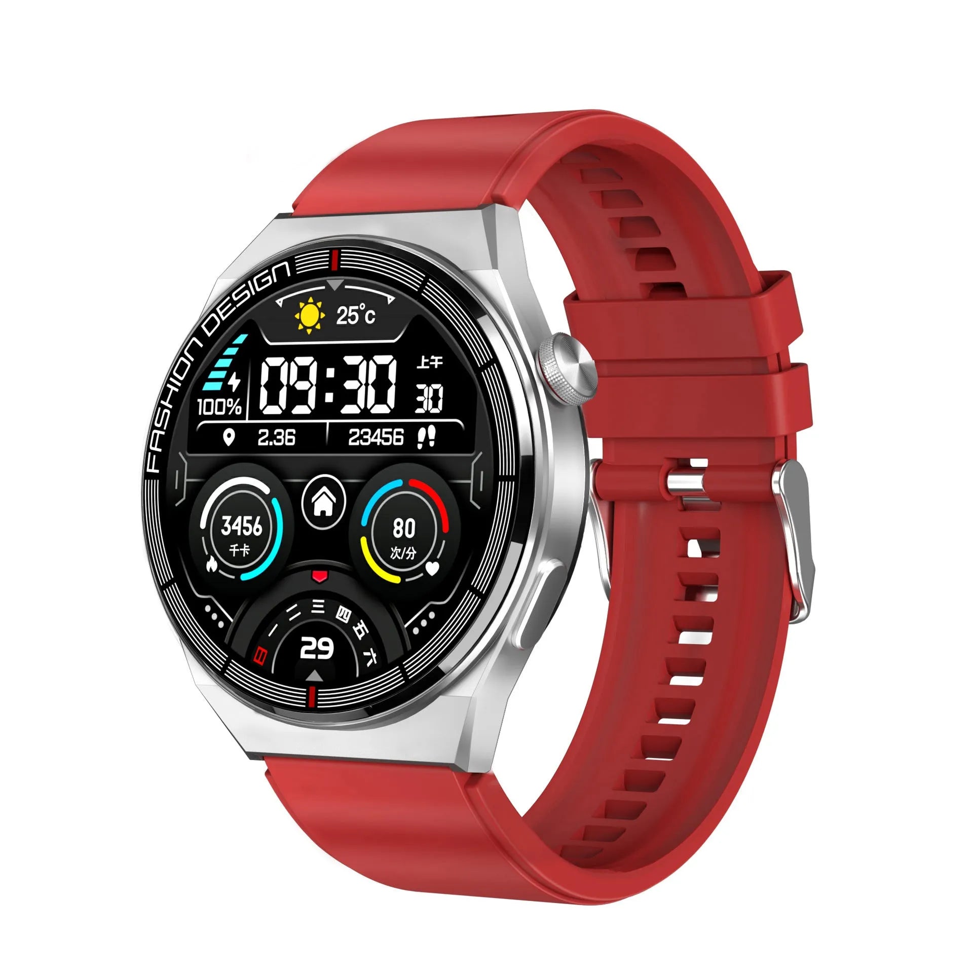Black smartwatch with 1.28-inch screen on a silicone strap, showing heart rate and time display.