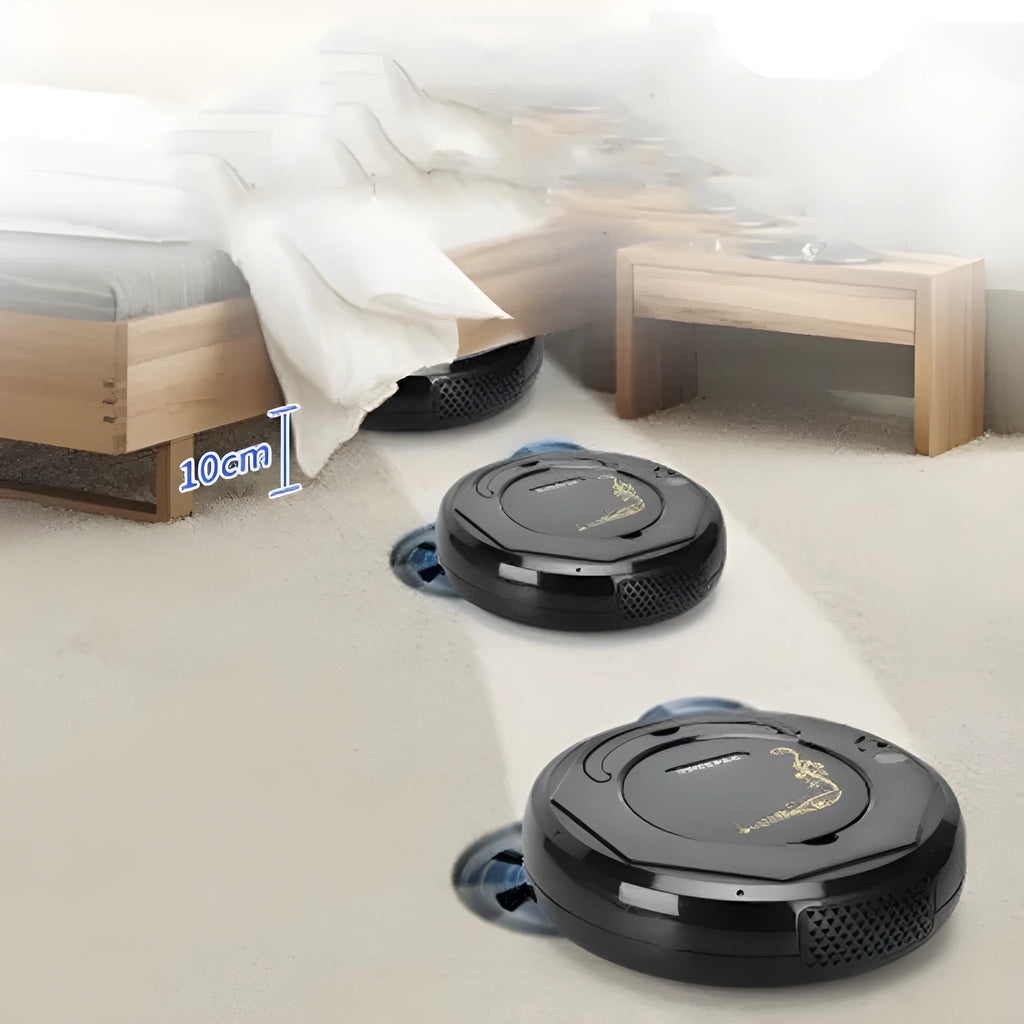 Blue smart vacuum cleaner robot on a tiled floor with charging cable and brush accessories.