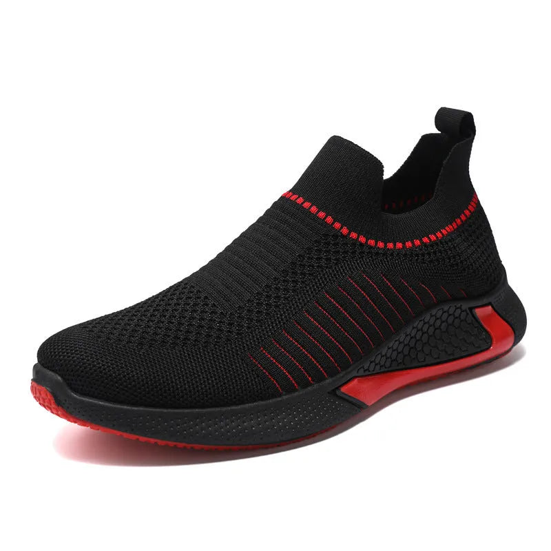 Men's mesh sock shoes with striped design showing flyknit upper and front lace-up styling