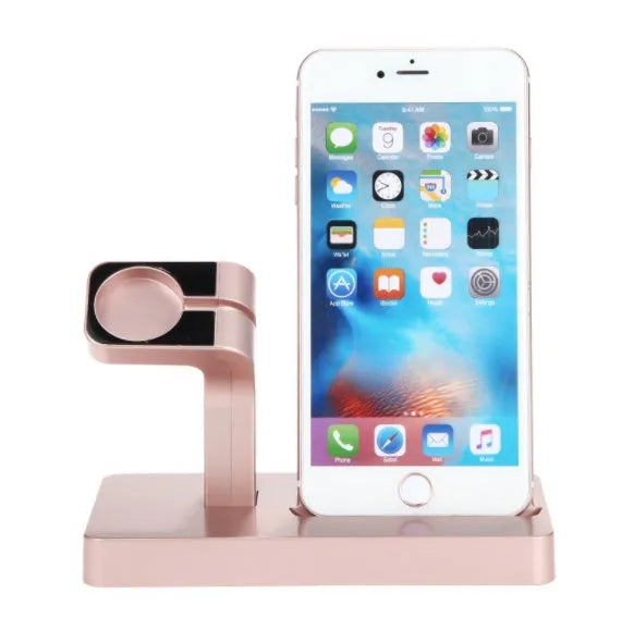 White 2-in-1 charging dock station holding an iPhone and an Apple Watch on a desk.