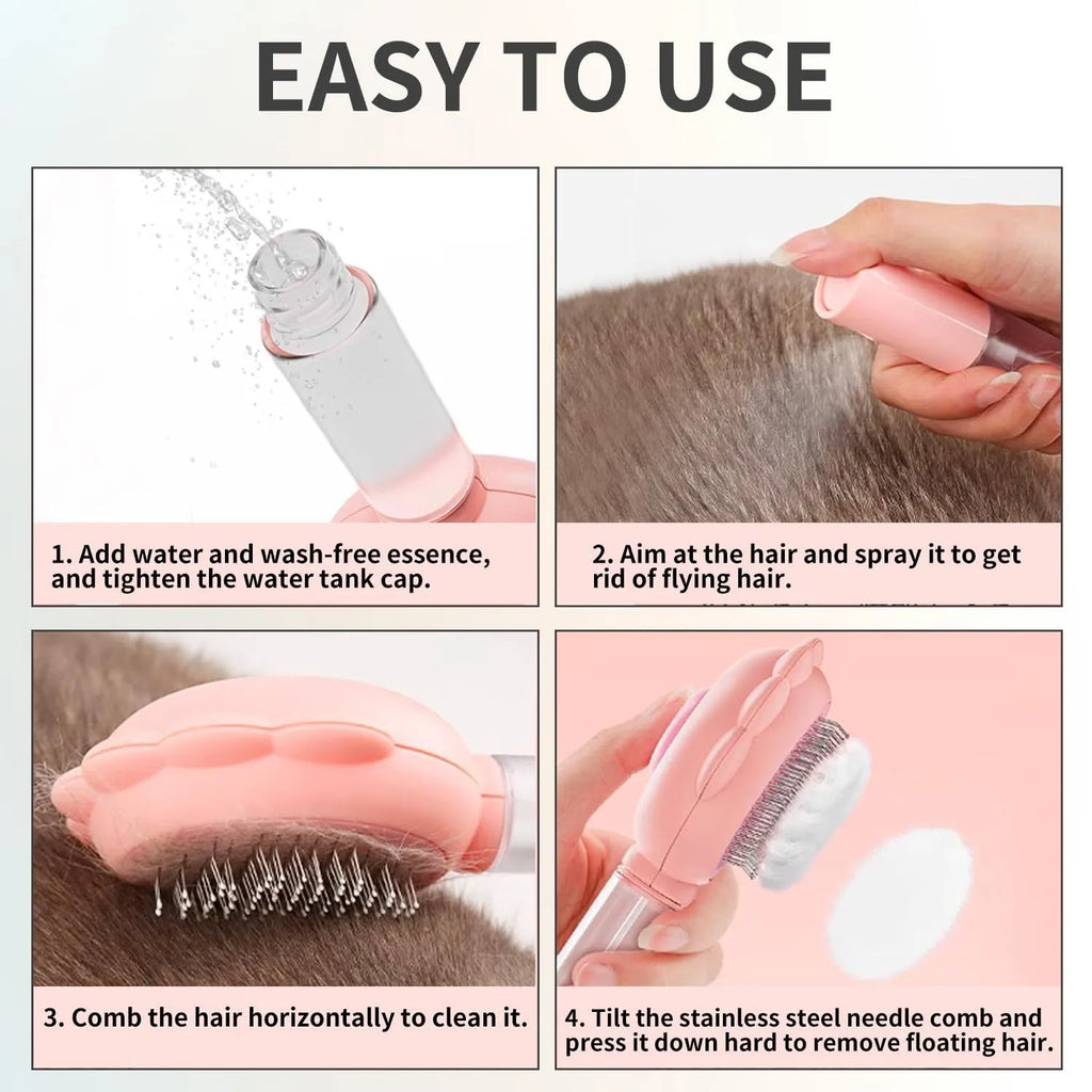 Grey spray cat brush with a release button and water tank for grooming pets.