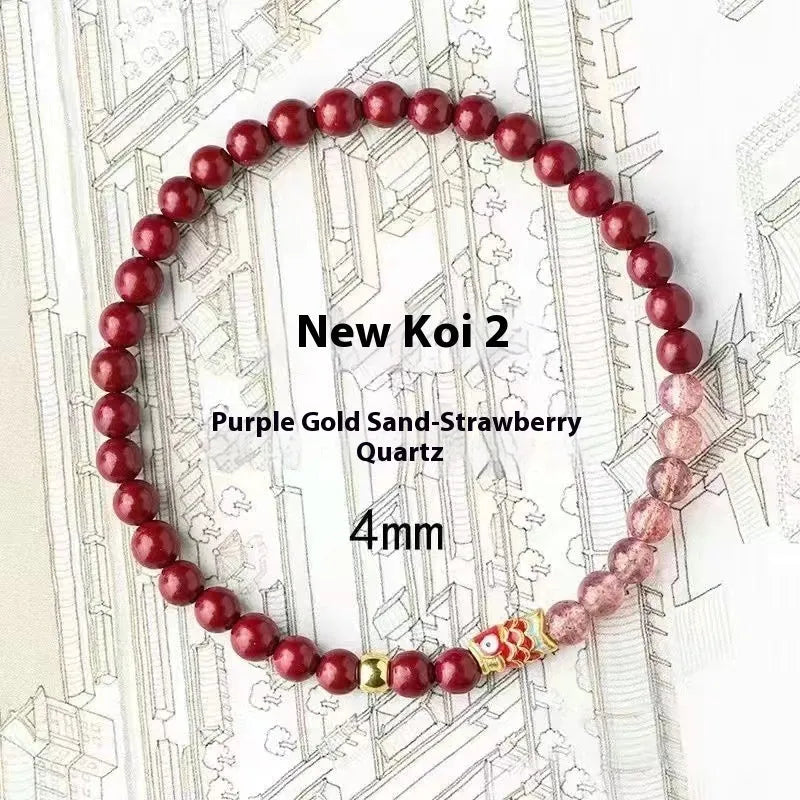 Purple cinnabar and strawberry quartz bracelet with koi and peach blossom retro design
