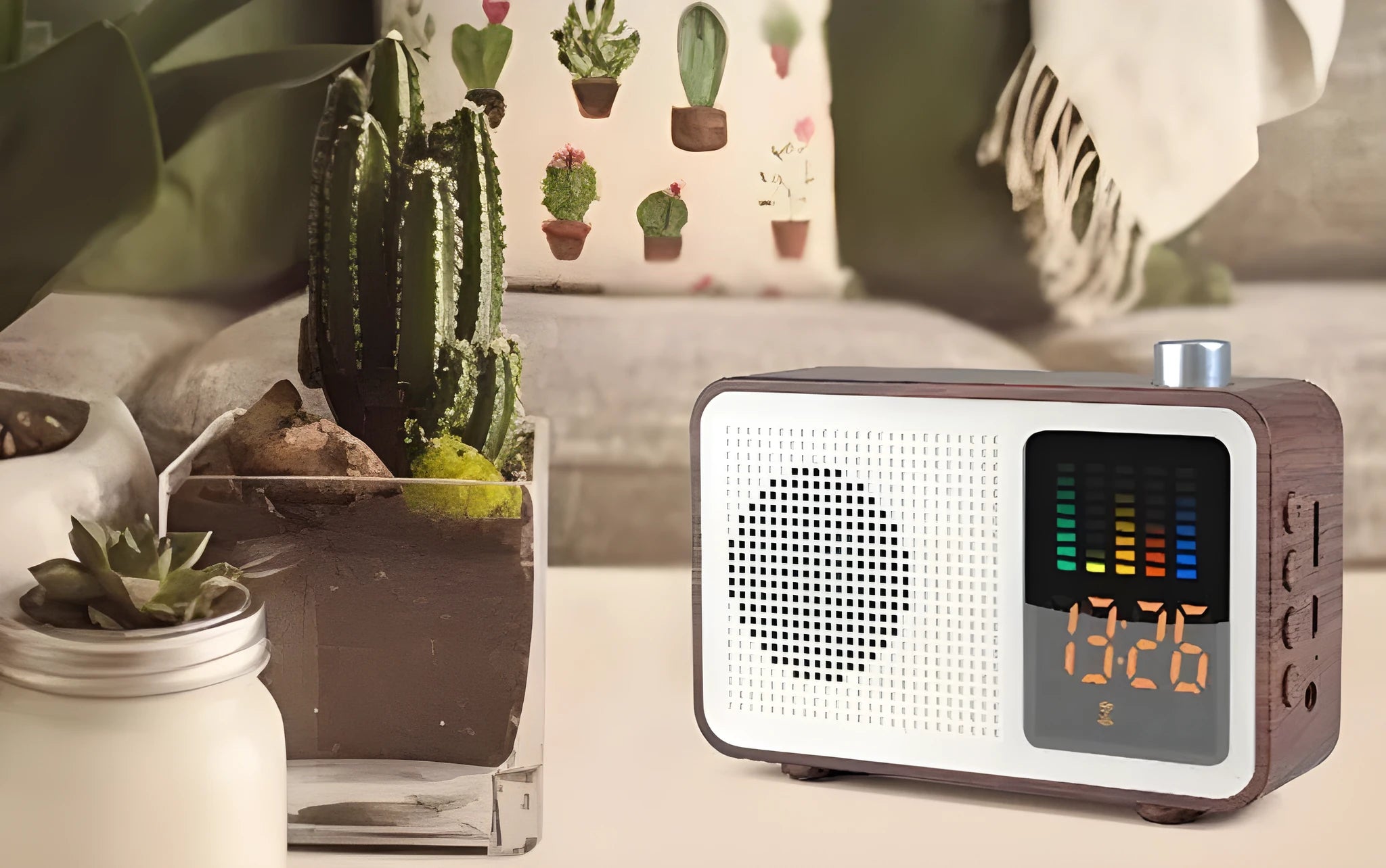 Brown woodgrain retro-style Bluetooth speaker with FM radio dials and a front fabric grille.