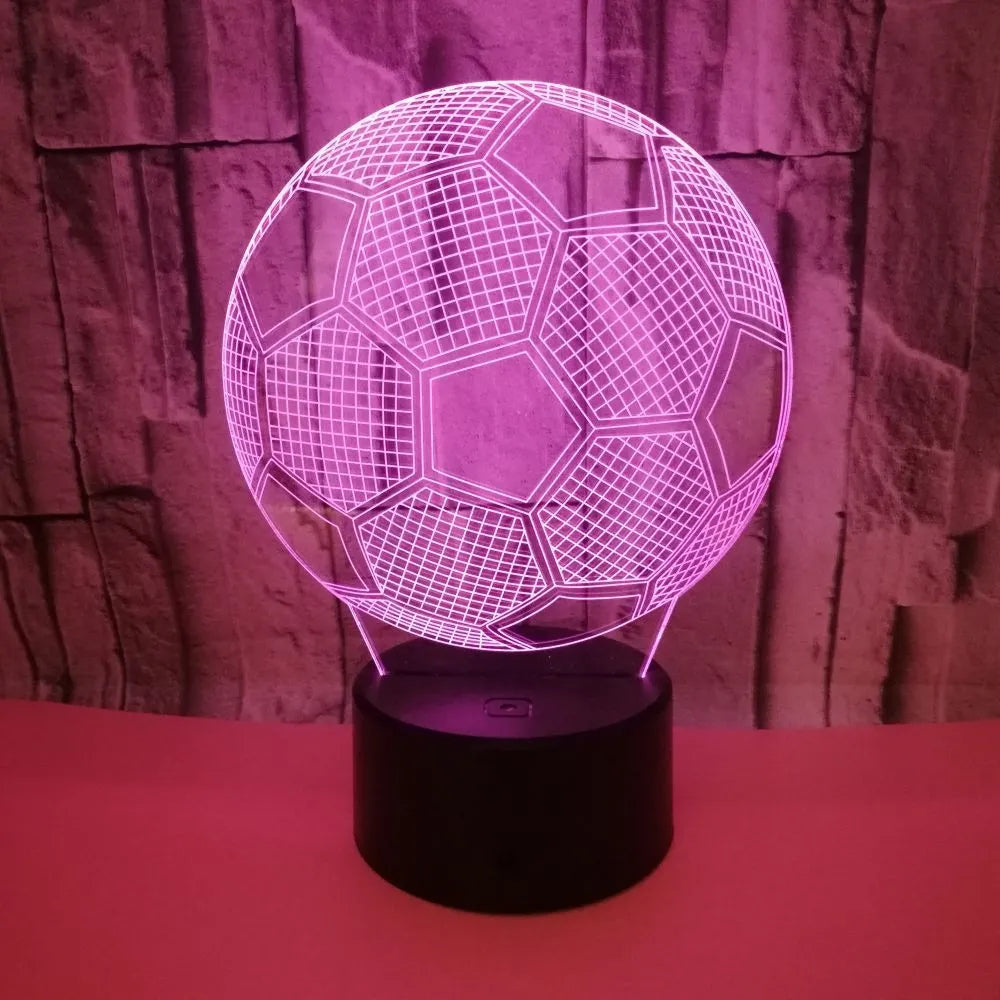 3D acrylic football night light showing colour-changing LEDs on a black ABS base.