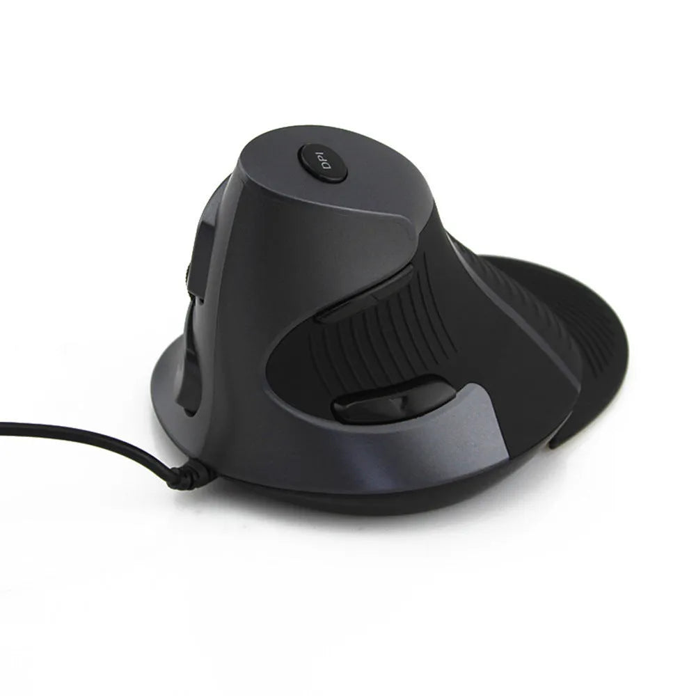 Black ergonomic vertical wired mouse for right-handed desktop computer use.