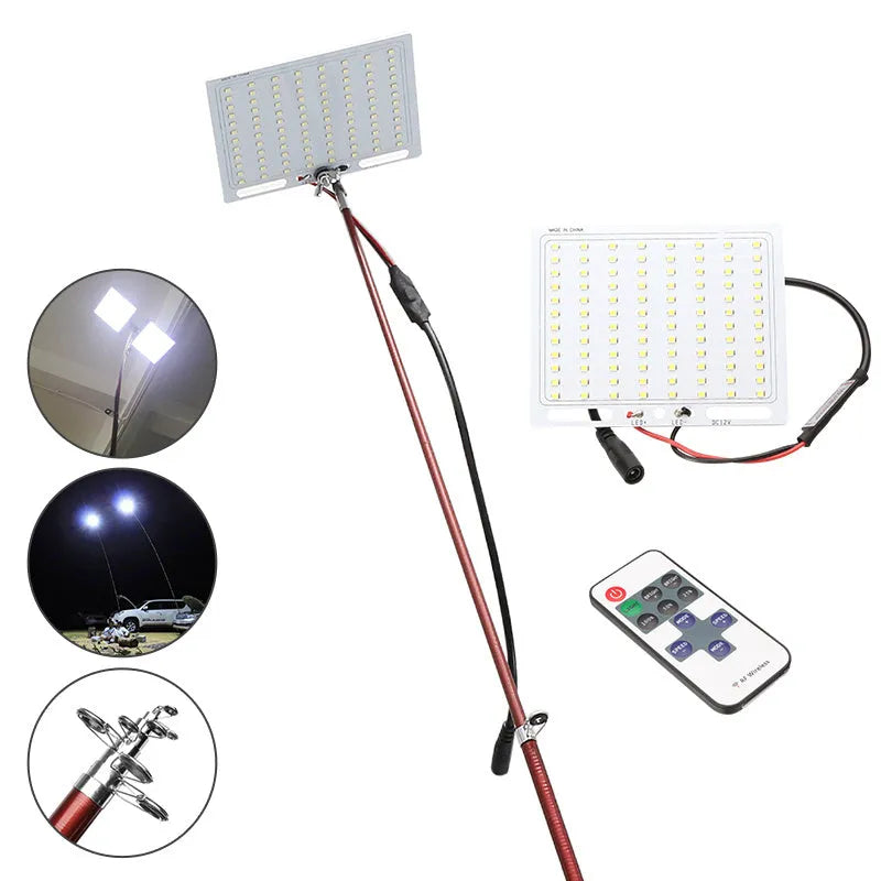 LED fishing rod light with telescopic pole and remote control for night fishing illumination