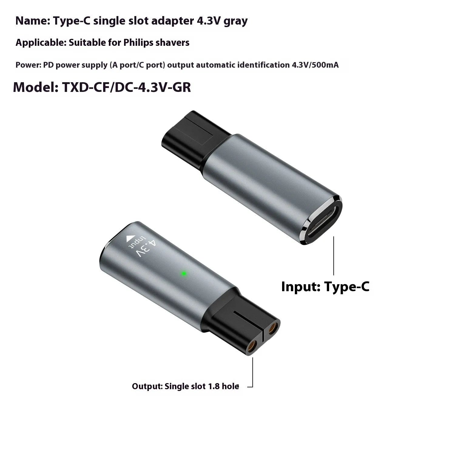 Black aluminium alloy USB-C to DC charging adapter for electric shavers with 4.3V output.