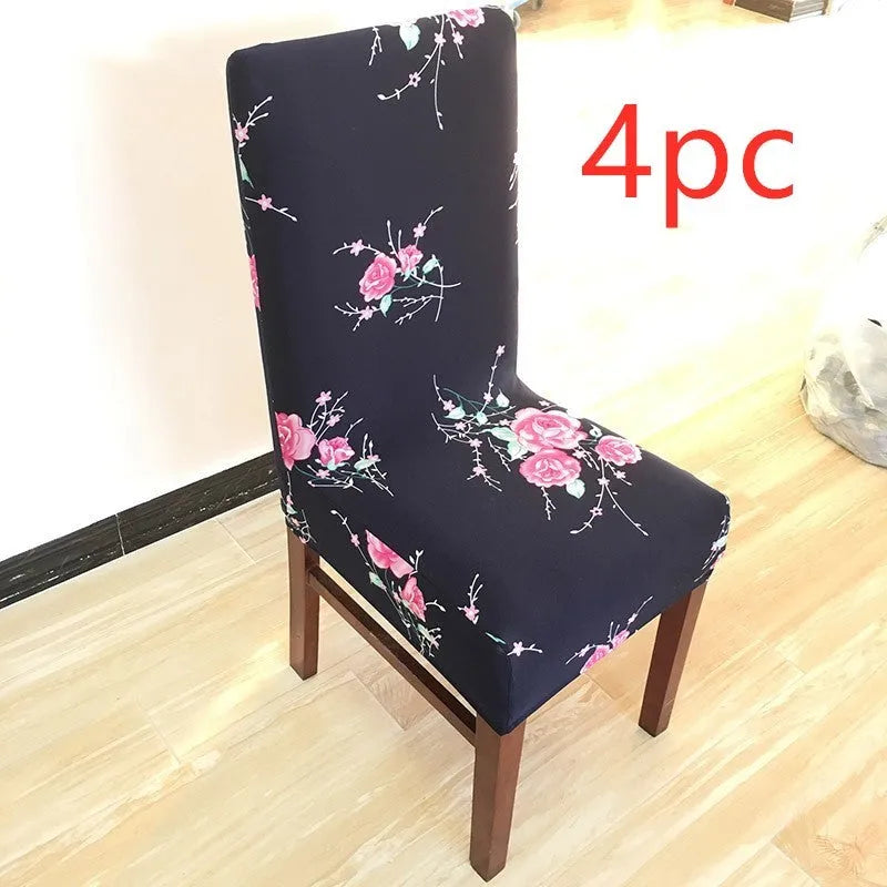 A stretchy spandex chair cover fitted neatly on a four-legged wooden dining chair.
