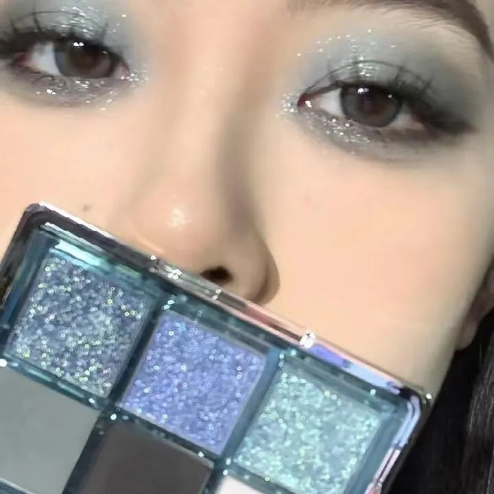 MUGELEEN nine-colour eye shadow palette 08 showing low saturation ice blue and smoked tone shades