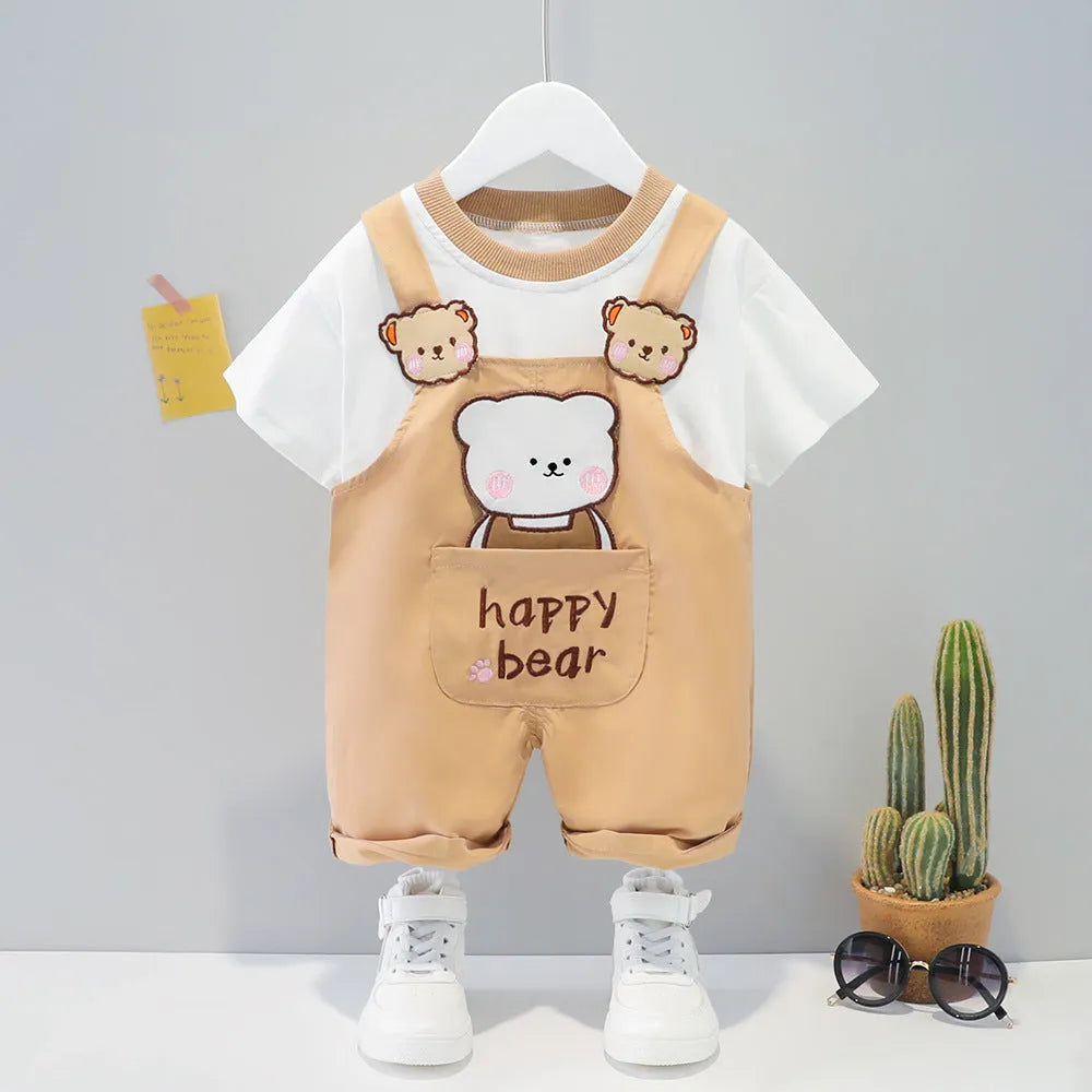 A yellow cotton baby overalls with a cartoon print, featuring short sleeves and openable straps.