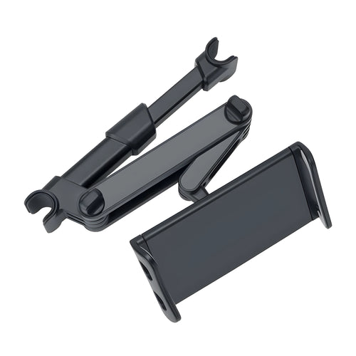 Black universal car phone and tablet holder mounted on a car rear seat base.