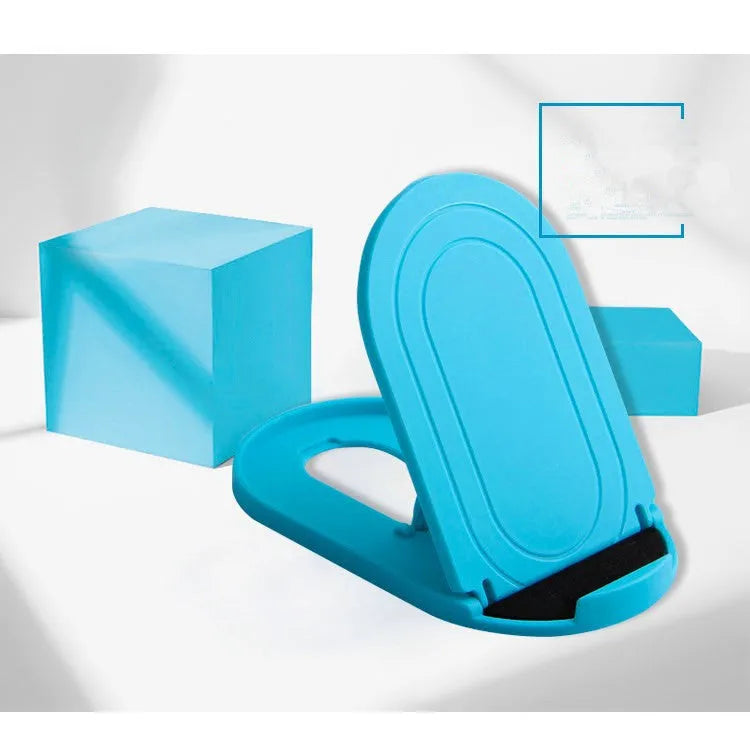 Plastic mobile phone stand with adjustable bracket in six colour options on a wooden desk