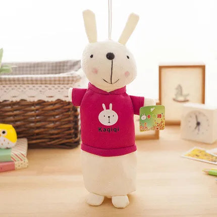 Large soft plush rabbit pencil case in multiple colours, shown with pens inside, dimensions 30cm by 14cm.
