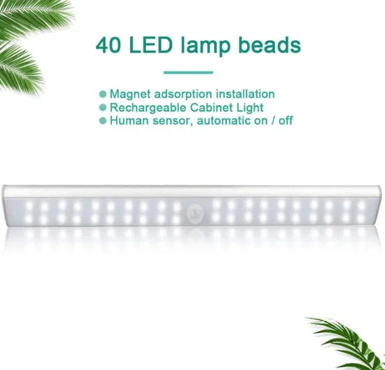 Rechargeable motion sensor LED strip light in cold white or warm white, shown in 24, 40, and 60 bead lengths.
