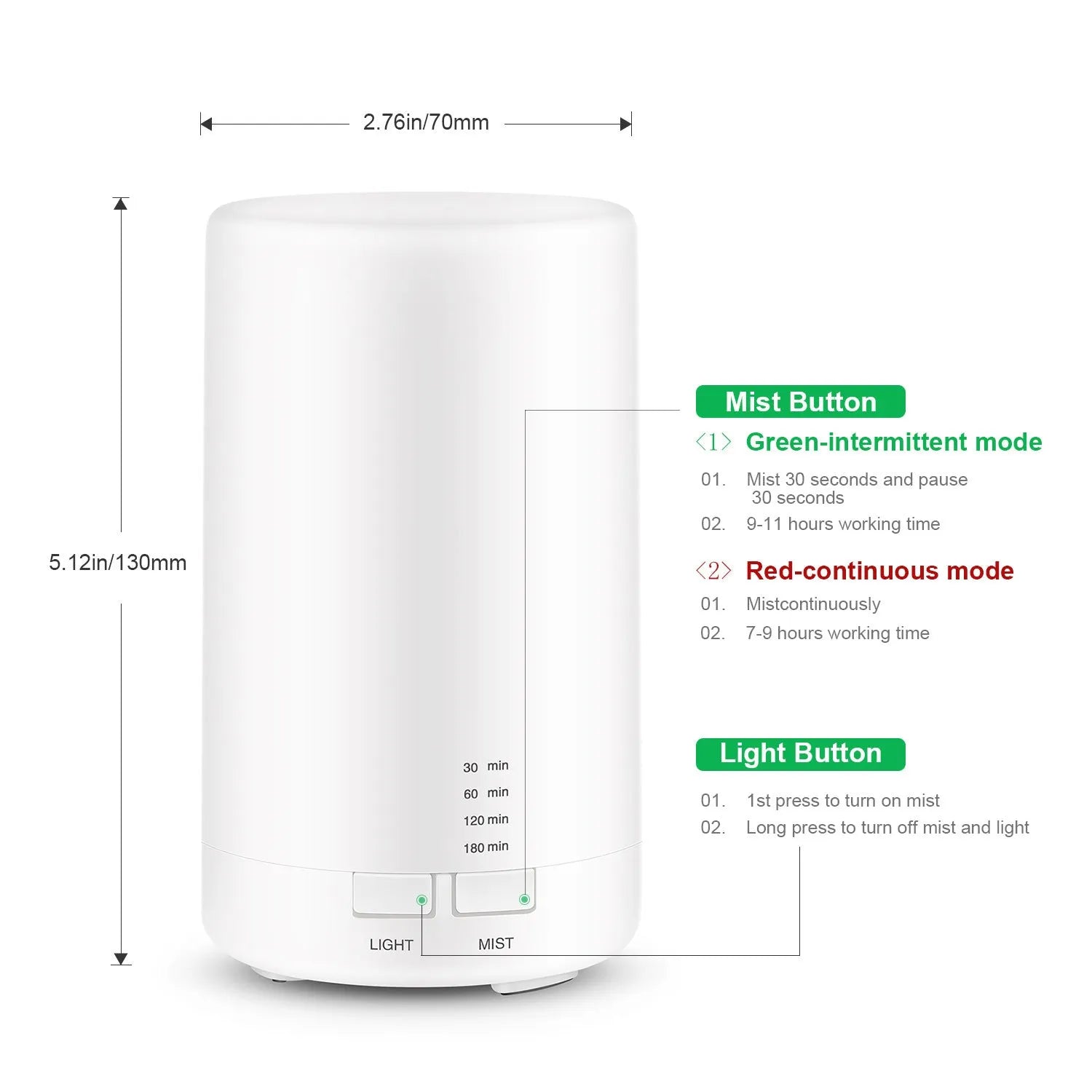 White ultrasonic aromatherapy diffuser, 125ml capacity, 7 colour LED lights, USB powered, 75 x 130mm