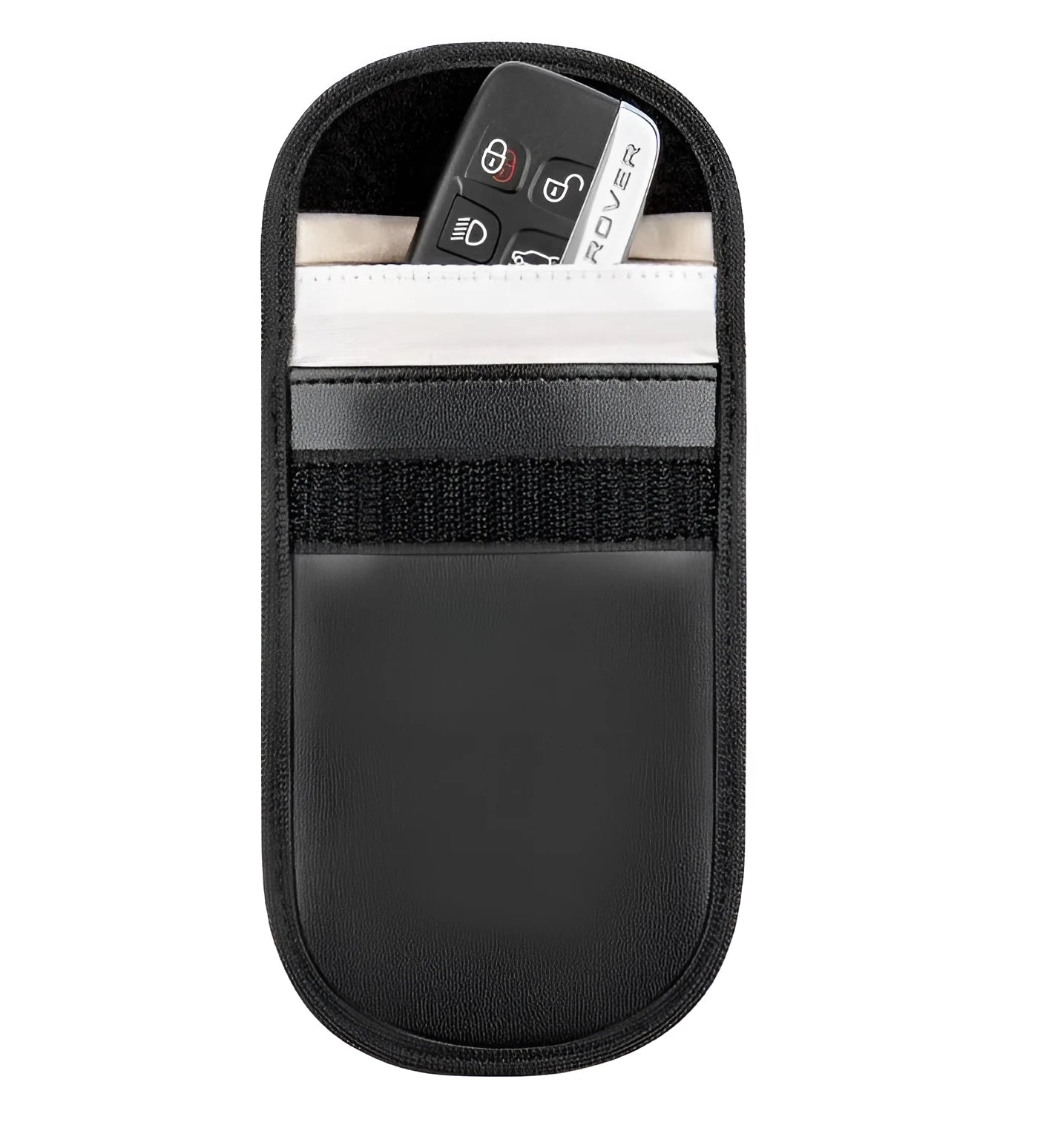 Black microfiber RFID blocking bag for car keys and cards measuring 13.5 by 9.5 cm