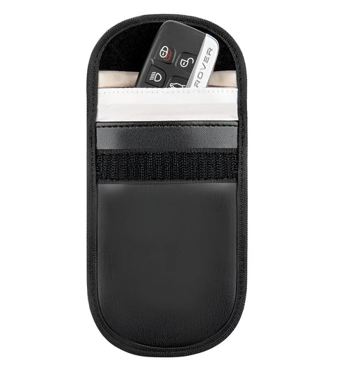Black microfiber RFID blocking bag for car keys and cards measuring 13.5 by 9.5 cm