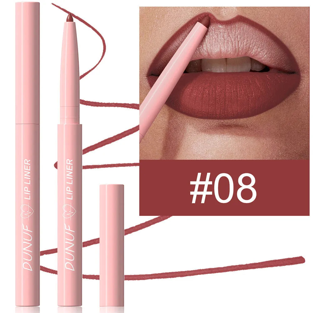 Set of twelve velvet matte lip liners in various shades for precise lip contouring