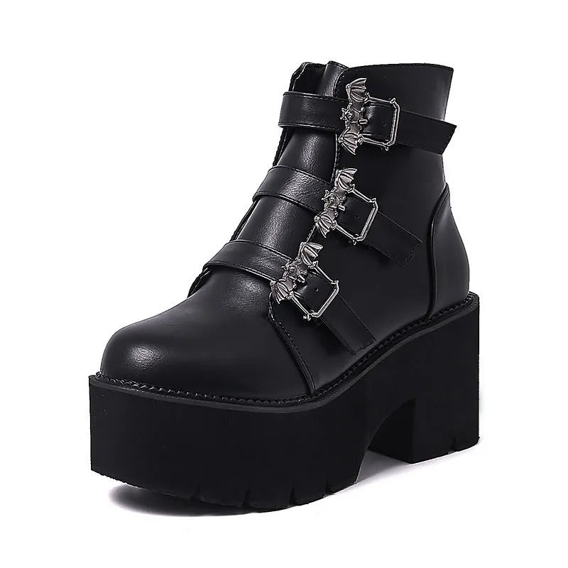 Black Harajuku punk Martin boots with bat buckle gothic detailing and side zipper