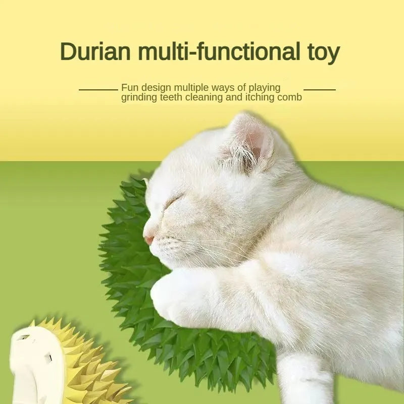 Durian-shaped cat tickling brush toy in green mounted on wall with rotating catnip ball