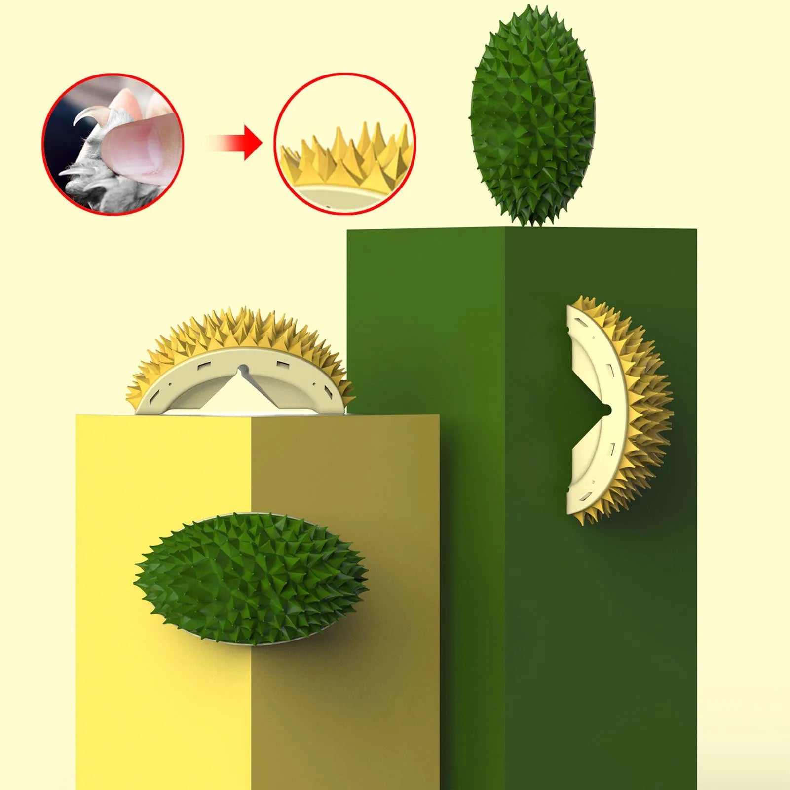 Durian-shaped cat tickling brush toy in green mounted on wall with rotating catnip ball