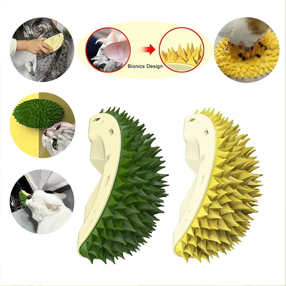 Durian-shaped cat tickling brush toy in green mounted on wall with rotating catnip ball