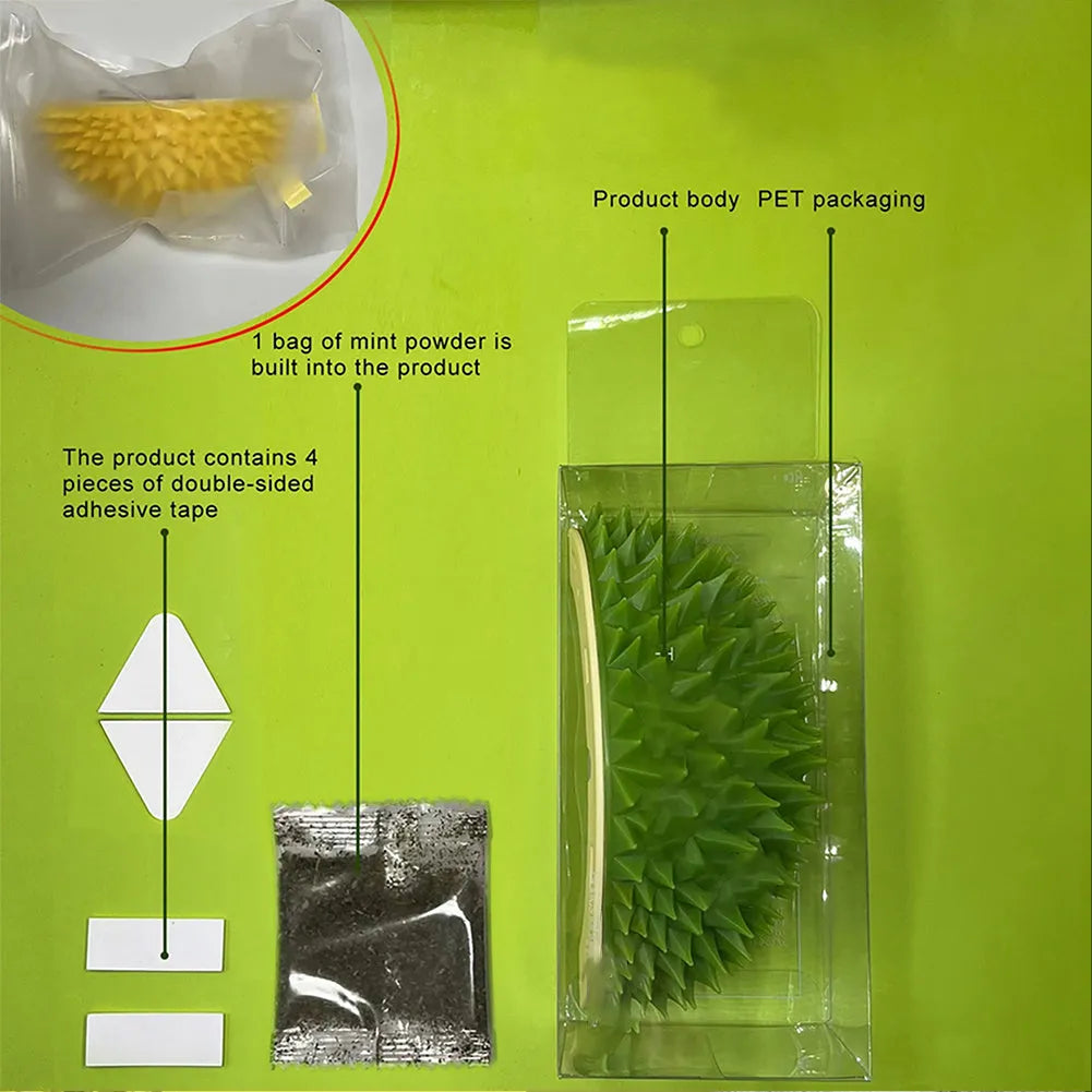 Durian-shaped cat tickling brush toy in green mounted on wall with rotating catnip ball