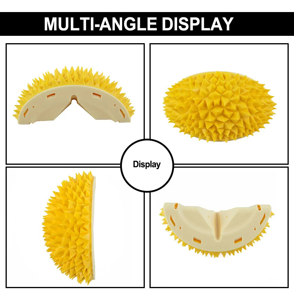 Durian-shaped cat tickling brush toy in green mounted on wall with rotating catnip ball