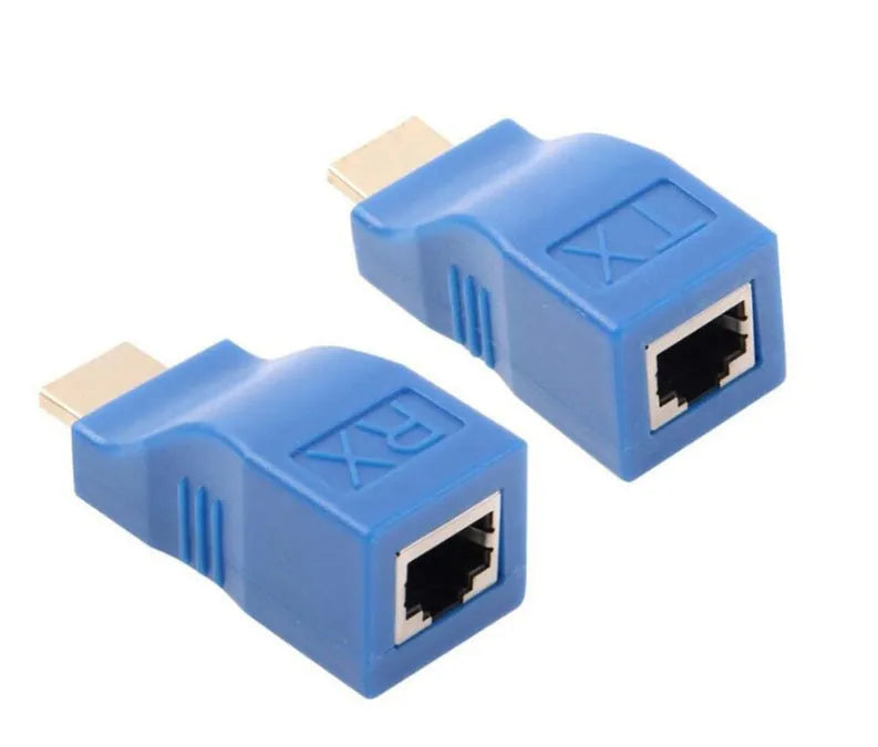 HDMI extender transmitter and receiver units with Cat-5e cable for 1080p signal extension up to 30 metres