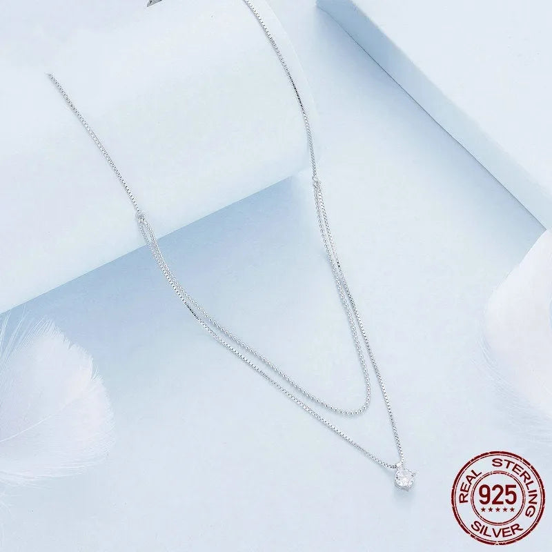 S925 sterling silver double-layer necklace with pearl chain and alloy pendant in silver colour