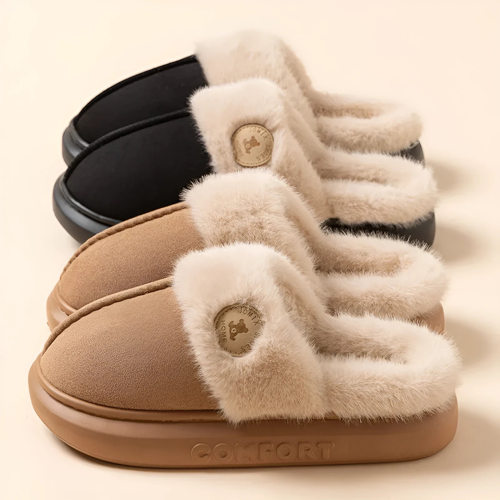 A pair of plush fleece slippers with a thick PVC sole and car stitching detail, shown in a choice of colours.