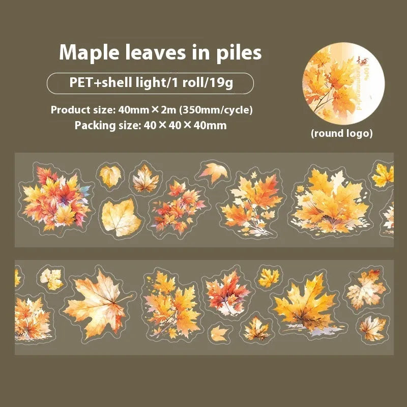 Six rolls of transparent PET decorative stickers with leaf patterns for hand account books