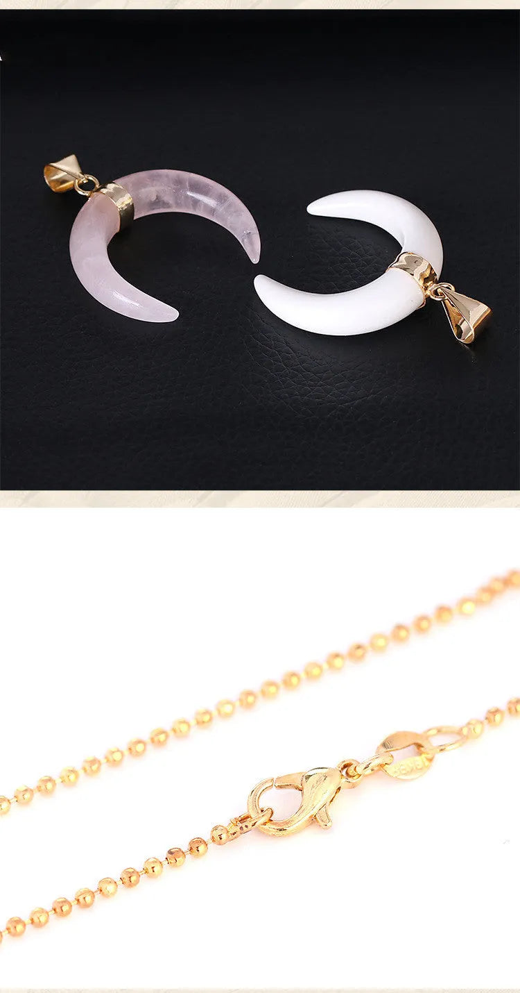 Crystal semi-precious stone moon pendant necklace with natural stone charm on 45cm chain