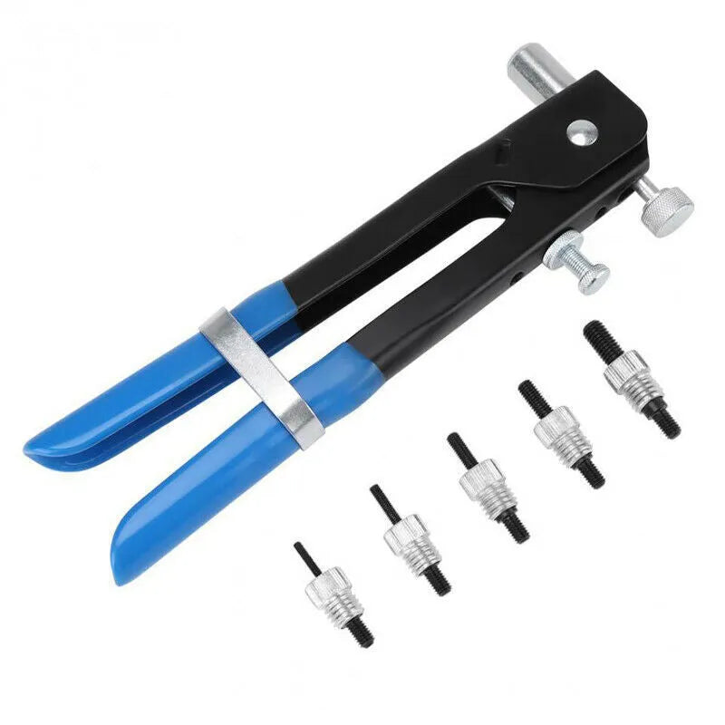 Manual hand riveter gun with an assortment of alloy steel rivet nuts and mandrels on a workbench.