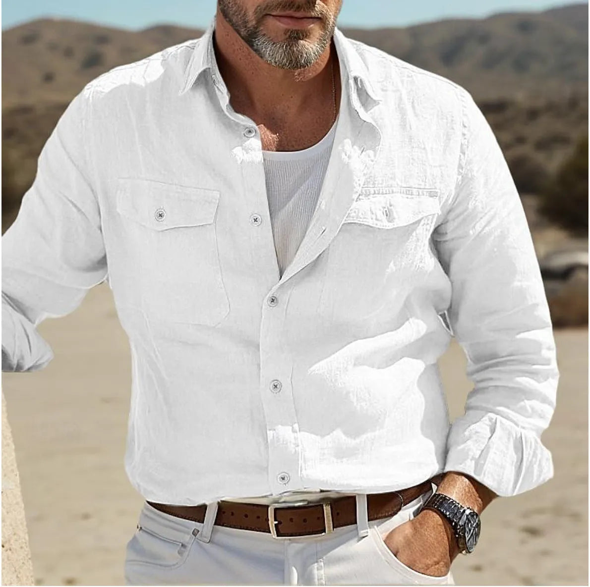Men's loose fit long sleeve cotton linen summer shirt in solid green, sky blue, khaki, or white colour