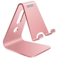 Aluminium phone stand in choice of black, red, rose gold, or silver, holding a smartphone.