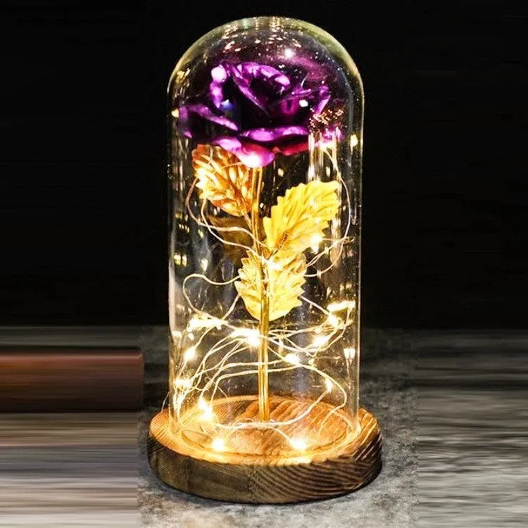 LED luminous silk rose ornament in glass cover on wood base with bendable light wire