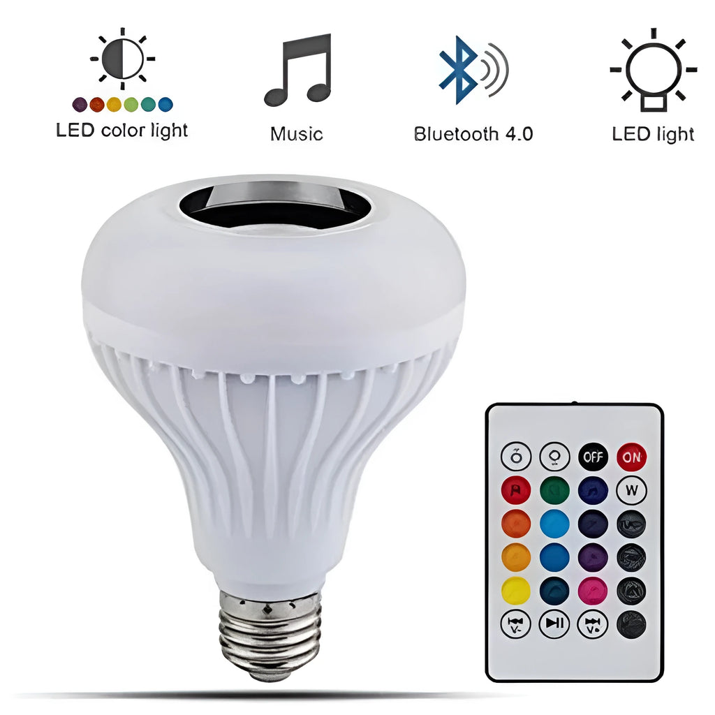 White E27 Bluetooth speaker LED bulb with remote control for smart lighting and audio