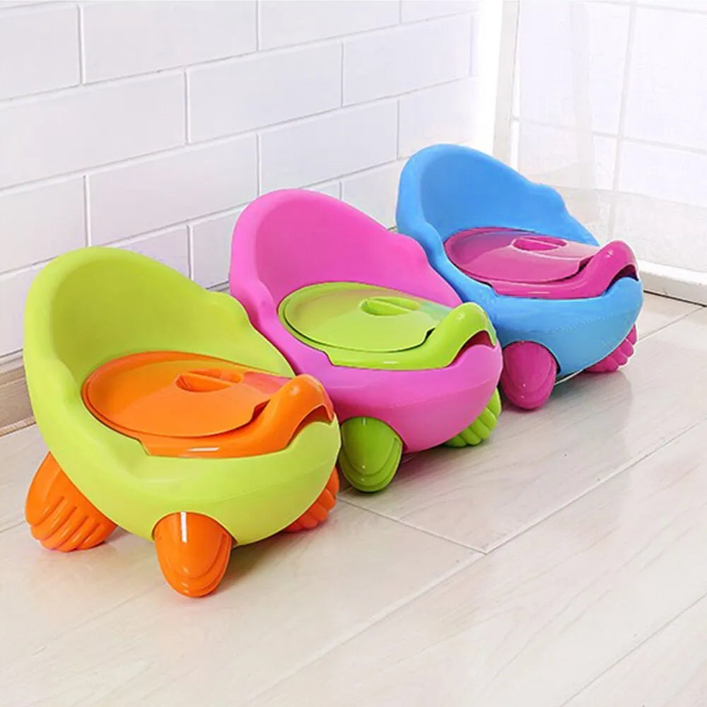 Colourful plastic baby potty training toilet stool for toddlers in red, green, blue, pink, and light blue.