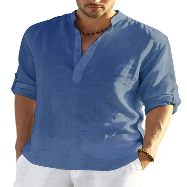 Men's light blue cotton linen casual shirt with a stand collar and button-down front.