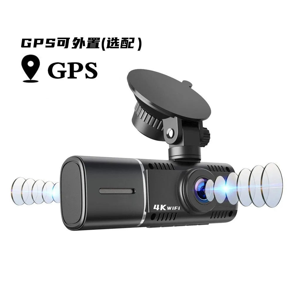 Black dual channel dash cam on a car windscreen with a 1.5-inch screen, showing front and rear camera views.