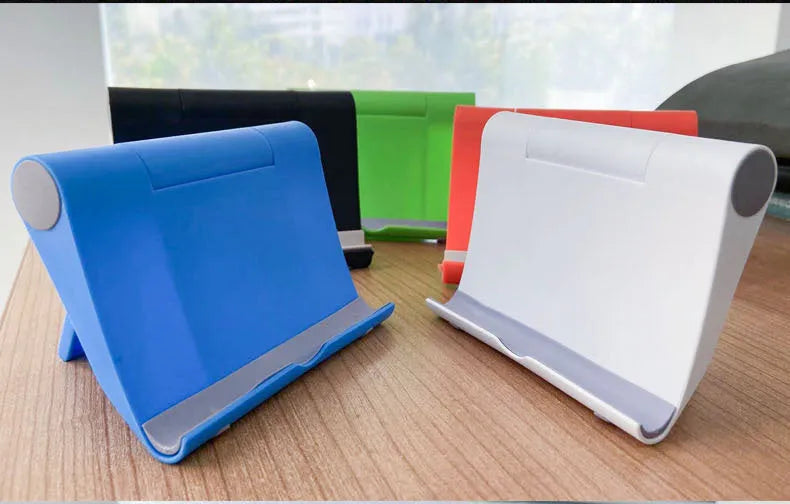 Black PE folding phone and tablet stand shown at an angle on a white background.
