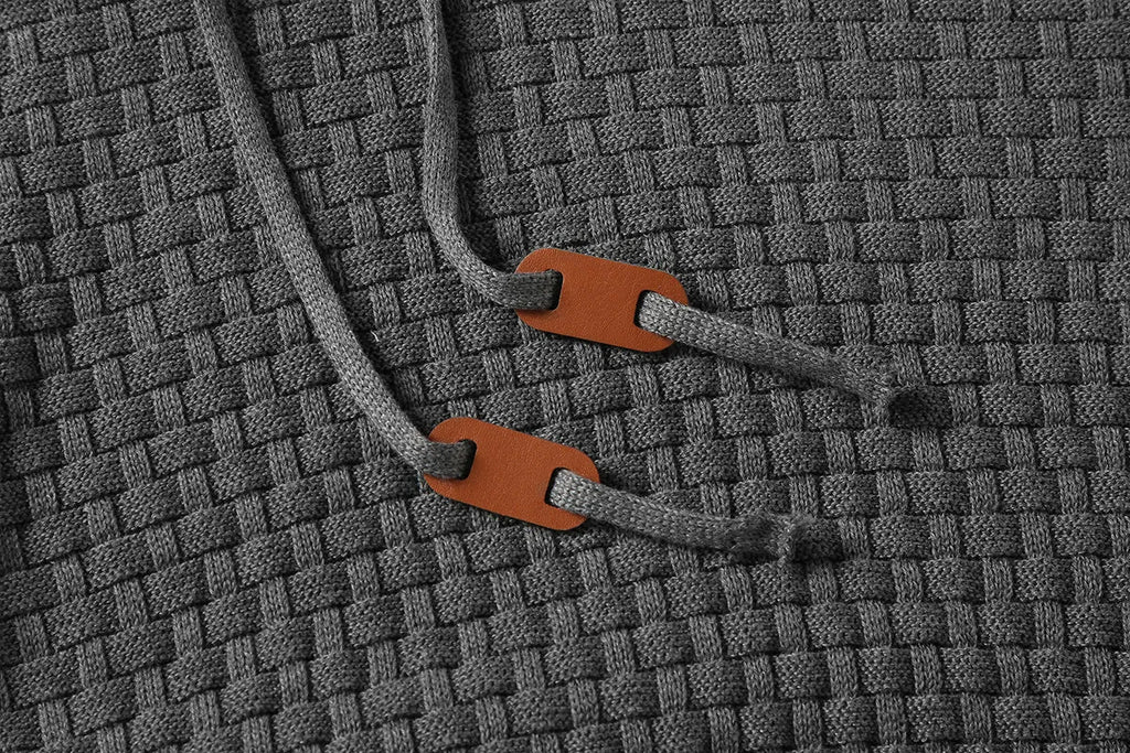 Men's cotton-polyester hoodie on a hanger, available in colours like black, navy blue, red, and khaki.