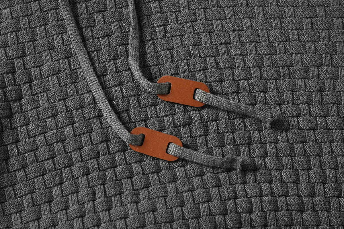 Men's cotton-polyester hoodie on a hanger, available in colours like black, navy blue, red, and khaki.