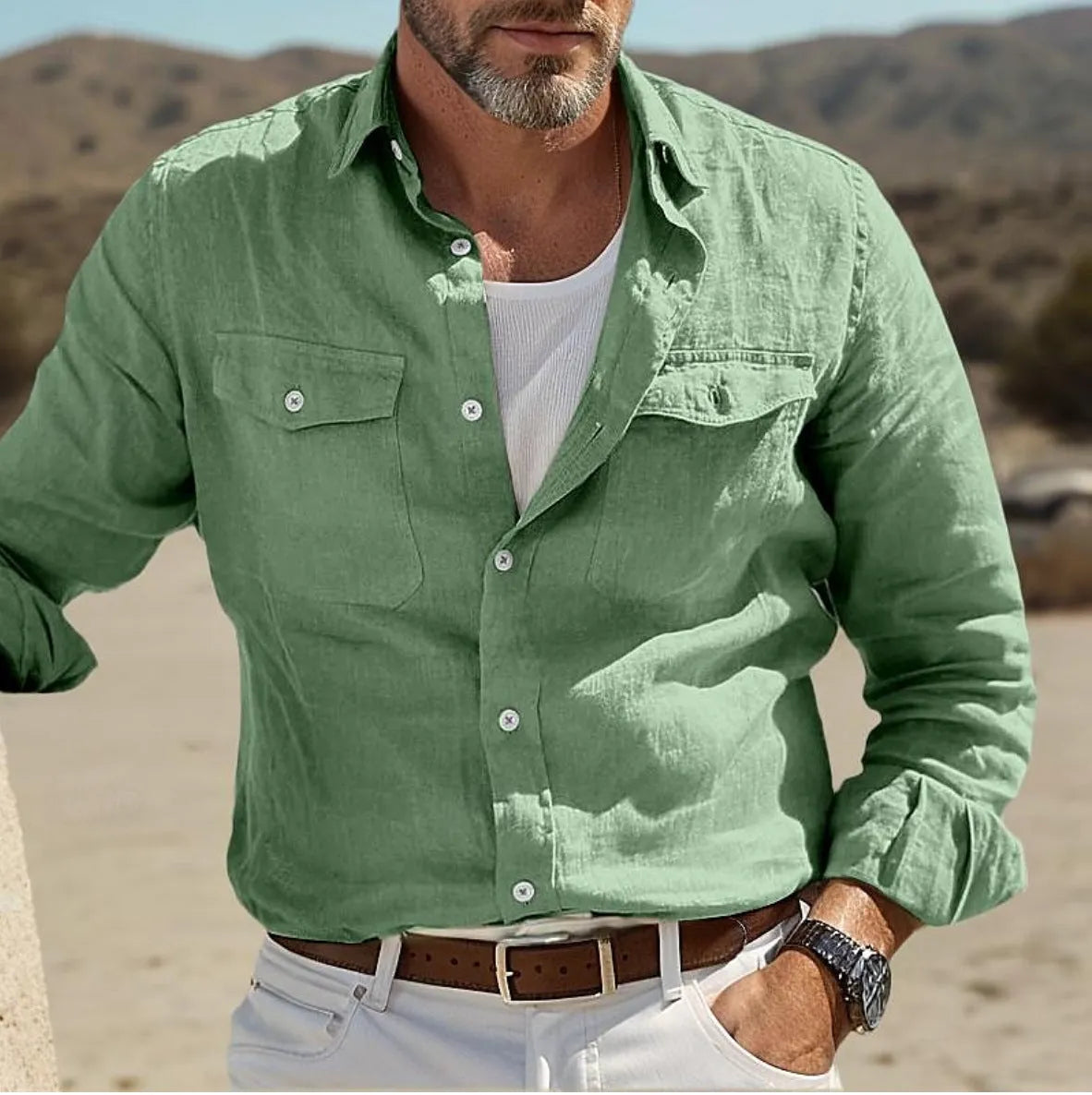 Men's loose fit long sleeve cotton linen summer shirt in solid green, sky blue, khaki, or white colour