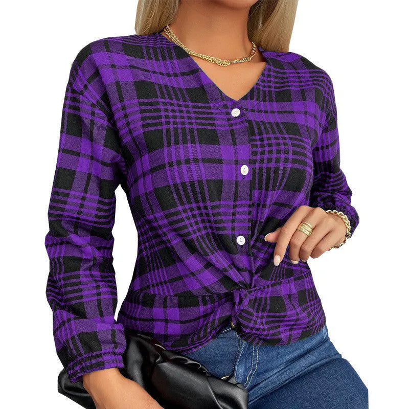 Women's purple plaid casual shirt with loose fit and regular sleeves